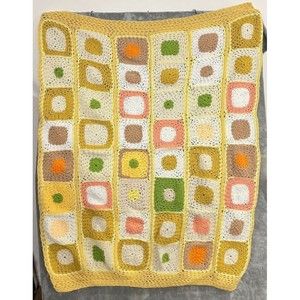 Vtg Crochet Retro Afghan Sofa Blanket Orange Yellow Green Citrus Dotty  39"x48"